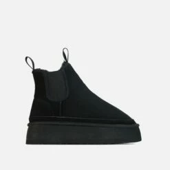 EGO Spiced-Chai Elasticated Detail Platform Sole Faux Fur Lining Ankle Boot In Black Faux Suede -EGO Sales Store 28 10 22 fw24046 sq