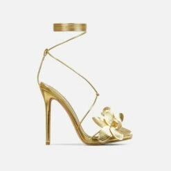 EGO Blooming Lace Up Flower Detail Platform Stiletto Heel In Gold Faux Leather -EGO Sales Store 28 10 22 fw24059 sq