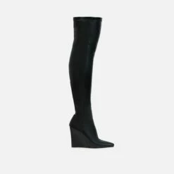 EGO Fired-Up Pointed Toe Wedge Heel Over The Knee Thigh High Sock Boot In Black Faux Leather -EGO Sales Store 28 10 22 fw24146 sq 1