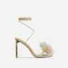 EGO Flamingo Lace Up Faux Feather Detail Square Toe Metallic Thin Block Heel In Nude Faux Leather