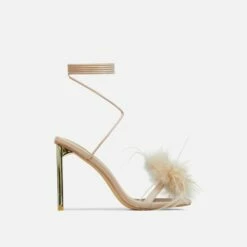 EGO Flamingo Lace Up Faux Feather Detail Square Toe Metallic Thin Block Heel In Nude Faux Leather
