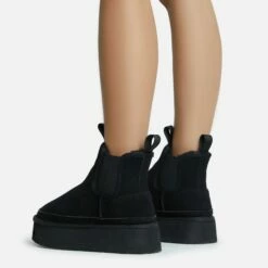 EGO Spiced-Chai Elasticated Detail Platform Sole Faux Fur Lining Ankle Boot In Black Faux Suede -EGO Sales Store 28 10 22 fw25847 sb2