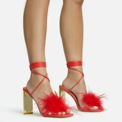 EGO Flamingo Lace Up Faux Feather Detail Square Toe Metallic Thin Block Heel In Red Faux Leather -EGO Sales Store 28 10 22 fw25864 sq