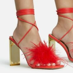 EGO Flamingo Lace Up Faux Feather Detail Square Toe Metallic Thin Block Heel In Red Faux Leather -EGO Sales Store 28 10 22 fw25866 sq