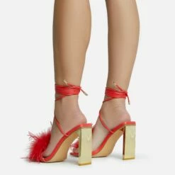 EGO Flamingo Lace Up Faux Feather Detail Square Toe Metallic Thin Block Heel In Red Faux Leather -EGO Sales Store 28 10 22 fw25867 sq