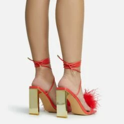 EGO Flamingo Lace Up Faux Feather Detail Square Toe Metallic Thin Block Heel In Red Faux Leather -EGO Sales Store 28 10 22 fw25868 sq