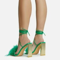 EGO Flamingo Lace Up Faux Feather Detail Square Toe Metallic Thin Block Heel In Green Faux Leather -EGO Sales Store 28 10 22 fw25872 sq