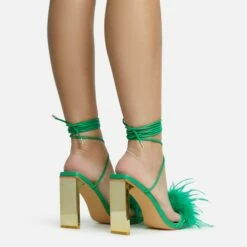 EGO Flamingo Lace Up Faux Feather Detail Square Toe Metallic Thin Block Heel In Green Faux Leather -EGO Sales Store 28 10 22 fw25873 sq