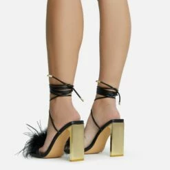 EGO Flamingo Lace Up Faux Feather Detail Square Toe Metallic Thin Block Heel In Black Faux Leather -EGO Sales Store 28 10 22 fw25877 sq