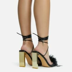 EGO Flamingo Lace Up Faux Feather Detail Square Toe Metallic Thin Block Heel In Black Faux Leather -EGO Sales Store 28 10 22 fw25878 sq