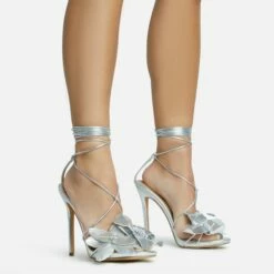 EGO Blooming Lace Up Flower Detail Platform Stiletto Heel In Silver Faux Leather