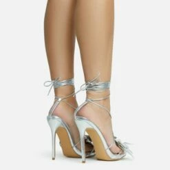 EGO Blooming Lace Up Flower Detail Platform Stiletto Heel In Silver Faux Leather -EGO Sales Store 28 10 22 fw25884 sq