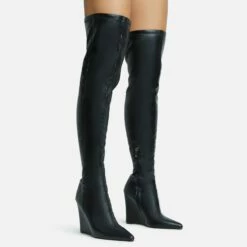 EGO Fired-Up Pointed Toe Wedge Heel Over The Knee Thigh High Sock Boot In Black Faux Leather