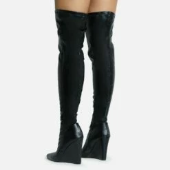 EGO Fired-Up Pointed Toe Wedge Heel Over The Knee Thigh High Sock Boot In Black Faux Leather -EGO Sales Store 28 10 22 fw25918 sq 1