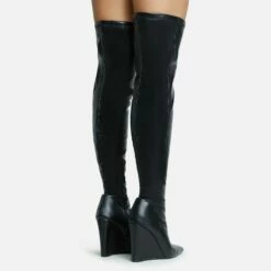 EGO Fired-Up Pointed Toe Wedge Heel Over The Knee Thigh High Sock Boot In Black Faux Leather -EGO Sales Store 28 10 22 fw25920 sq 1
