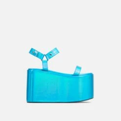 EGO Jester Velcro Strap Detail Extreme Platform Wedge Heel In Blue Metallic Faux Leather