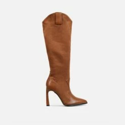 EGO Run-Wild Pointed Toe Stiletto Heel Knee High Long Western Cowboy Boot In Tan Brown Faux Suede And Faux Leather -EGO Sales Store 28 10 22 fw25946 sq