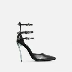 EGO Military Triple Strap Detail Pointed Toe Metallic Heel In Black Patent -EGO Sales Store 28 10 22 fw25964 sq