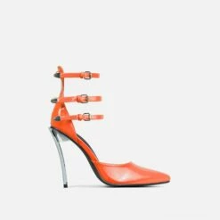 EGO Military Triple Strap Detail Pointed Toe Metallic Heel In Orange Patent -EGO Sales Store 28 10 22 fw25967 sq