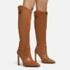 EGO Run-Wild Pointed Toe Stiletto Heel Knee High Long Western Cowboy Boot In Tan Brown Faux Suede And Faux Leather -EGO Sales Store 28 10 22 fw27994 sq