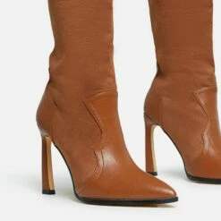 EGO Run-Wild Pointed Toe Stiletto Heel Knee High Long Western Cowboy Boot In Tan Brown Faux Suede And Faux Leather -EGO Sales Store 28 10 22 fw27996 sq