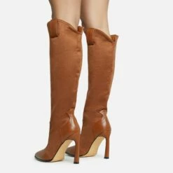 EGO Run-Wild Pointed Toe Stiletto Heel Knee High Long Western Cowboy Boot In Tan Brown Faux Suede And Faux Leather -EGO Sales Store 28 10 22 fw27997 sq