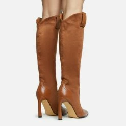 EGO Run-Wild Pointed Toe Stiletto Heel Knee High Long Western Cowboy Boot In Tan Brown Faux Suede And Faux Leather -EGO Sales Store 28 10 22 fw27998 sq