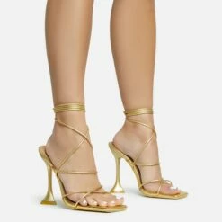 EGO Love-To-Hate Lace Up Strappy Square Toe Statement Heel In Gold Faux Leather