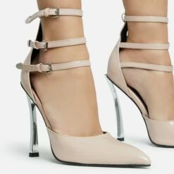 EGO Military Triple Strap Detail Pointed Toe Metallic Heel In Nude Patent -EGO Sales Store 28 10 22 fw28094 sq