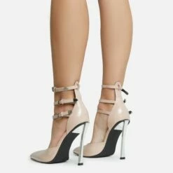 EGO Military Triple Strap Detail Pointed Toe Metallic Heel In Nude Patent -EGO Sales Store 28 10 22 fw28095 sq