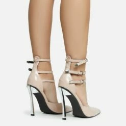 EGO Military Triple Strap Detail Pointed Toe Metallic Heel In Nude Patent -EGO Sales Store 28 10 22 fw28096 sq