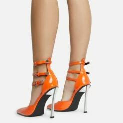 EGO Military Triple Strap Detail Pointed Toe Metallic Heel In Orange Patent -EGO Sales Store 28 10 22 fw28100 sq
