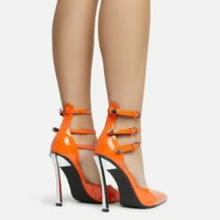 EGO Military Triple Strap Detail Pointed Toe Metallic Heel In Orange Patent -EGO Sales Store 28 10 22 fw28101 sq
