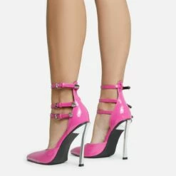 EGO Military Triple Strap Detail Pointed Toe Metallic Heel In Pink Patent -EGO Sales Store 28 10 22 fw28105 sq