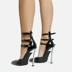 EGO Military Triple Strap Detail Pointed Toe Metallic Heel In Black Patent -EGO Sales Store 28 10 22 fw28110 sq