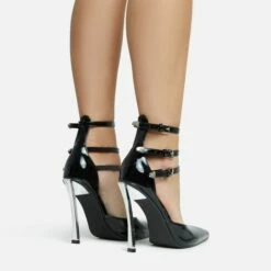 EGO Military Triple Strap Detail Pointed Toe Metallic Heel In Black Patent -EGO Sales Store 28 10 22 fw28111 sq