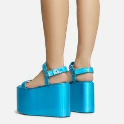 EGO Jester Velcro Strap Detail Extreme Platform Wedge Heel In Blue Metallic Faux Leather -EGO Sales Store 28 10 22 fw28115 sb