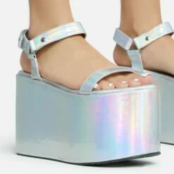EGO Jester Velcro Strap Detail Extreme Platform Wedge Heel In Silver Metallic Faux Leather -EGO Sales Store 28 10 22 fw28119 sq