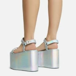 EGO Jester Velcro Strap Detail Extreme Platform Wedge Heel In Silver Metallic Faux Leather -EGO Sales Store 28 10 22 fw28120 sb