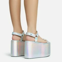EGO Jester Velcro Strap Detail Extreme Platform Wedge Heel In Silver Metallic Faux Leather -EGO Sales Store 28 10 22 fw28121 sb2