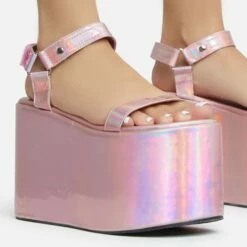 EGO Jester Velcro Strap Detail Extreme Platform Wedge Heel In Pink Metallic Faux Leather -EGO Sales Store 28 10 22 fw28124 sq