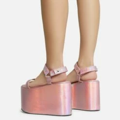 EGO Jester Velcro Strap Detail Extreme Platform Wedge Heel In Pink Metallic Faux Leather -EGO Sales Store 28 10 22 fw28125 sb
