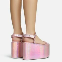 EGO Jester Velcro Strap Detail Extreme Platform Wedge Heel In Pink Metallic Faux Leather -EGO Sales Store 28 10 22 fw28126 sb2