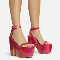 EGO Lina Ankle Strap Platform Wedge Heel In Pink Metallic Faux Leather