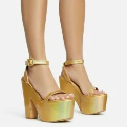 EGO Lina Ankle Strap Platform Wedge Heel In Gold Metallic Faux Leather
