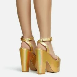 EGO Lina Ankle Strap Platform Wedge Heel In Gold Metallic Faux Leather -EGO Sales Store 28 10 22 fw28142 sb