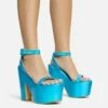 EGO Lina Ankle Strap Platform Wedge Heel In Blue Metallic Faux Leather