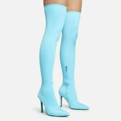 EGO Alabama Pointed Toe Over The Knee Thigh High Long Sock Boot In Blue Lycra