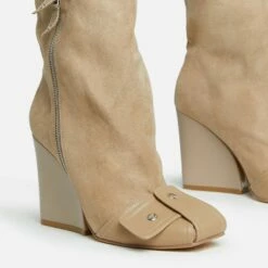 EGO Senna Faux Fur Buckle Detail Square Toe Wedge Heel Knee High Long Boot In Beige Faux Suede -EGO Sales Store 28 10 22 fw28160 sq
