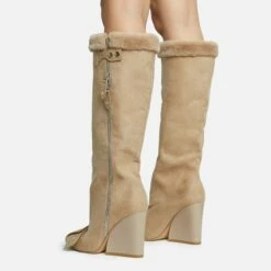 EGO Senna Faux Fur Buckle Detail Square Toe Wedge Heel Knee High Long Boot In Beige Faux Suede -EGO Sales Store 28 10 22 fw28161 sq